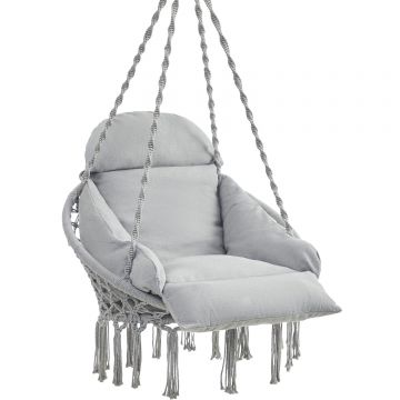 Scaun rotund tip leagan suspendat cu perna, stil boho ciucuri, franghie impletita, max 120 kg, L60 cm, gri