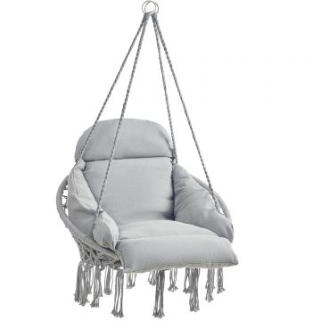 Scaun suspendat tip hamac cu perna groasa, stil scandinav, cadru metalic, 120 kg, gri deschis