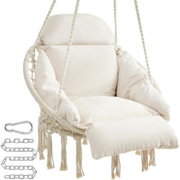 Scaun suspendat tip hamac cu perna groasa, stil scandinav, cadru metalic, include lant si carabiniera, 120 kg, crem