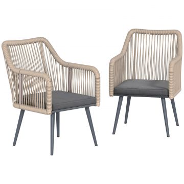 Set 2 Scaune de Gradina din Ratan PE cu Perne Moi Lavabile si Brate, Scaune pentru Dining Exterior din Otel, pentru Terasa, Balcon, Gradina, Exterior,
