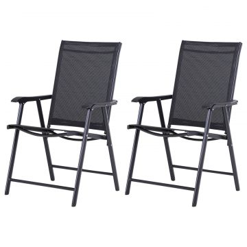 Set 2 Scaune de Gradina Pliabile cu Cotiere, Scaune pentru Pranz in Exterior din Metal si Texteline, pentru Terasa, Balcon, Veranda, Exterior si