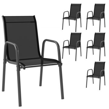 Set 6 Scaune Empilabile si Respirabile cu Cotiere si Spatar inalt, din Metal si Poliester, 51L x 69A x 87i cm, Negru