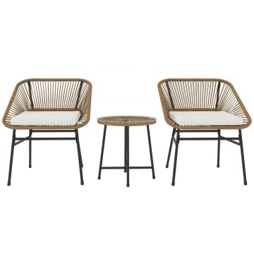 Set Bistro din 3 Piese cu Masuta de Cafea cu Blat de Sticla si 2 Scaune, Φ45x46 cm, Natural