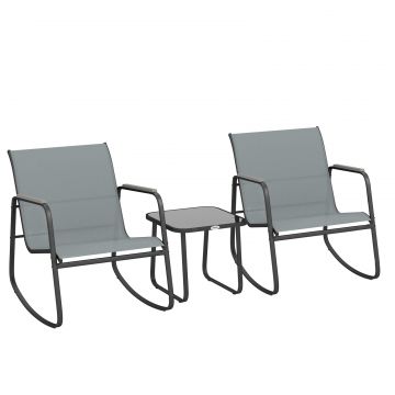 Set Bistro din 3 Piese, Set de Gradina cu 2 Scaune de Exterior cu Miscare de Leganare din Textilena Respirabila, Masa cu Blat din Sticla, Set Masa si