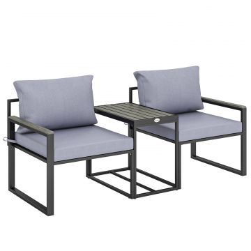 Set Bistro Gradina 3 Piese pentru 2 Persoane, Masa si Scaune Exterior cu sezut Textilen si Perne, Gri