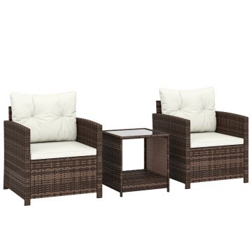 Set Bistro pentru Exterior 3 Piese din Ratan cu Masuta pe 2 Niveluri, Perne pentru Balcon si Terasa, Maro si Crem