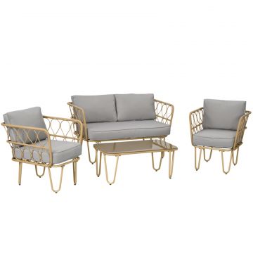 Set canapea din ratan PE din 4 piese, Seturi de mobilier de conversatie pentru gradina impletite, cu impletitura rotunda, cu perne groase capitonate