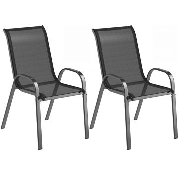 Set de 2 Scaune de Exterior pentru Pranz, Scaune Suprapozabile cu Spatar inalt, Plasa Respirabila pentru Gradina sau Terasa, Negru