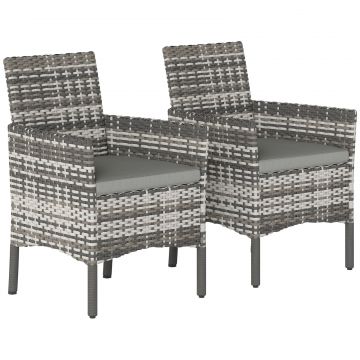 Set de 2 Scaune de Gradina din Ratan, Scaune de Exterior cu Perne, Cotiere si Spatar inalt, Cadru din Otel pentru Veranda, Balcon, Langa Piscina si