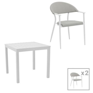 Set de 3 buc masa si scaune de gradina Kliton Pino din aluminiu, alb, 80x80x74 cm