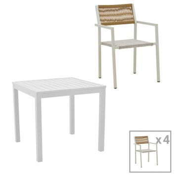 Set de 5 buc masa si scaune de gradina Savor-Kliton aluminiu alb si ratan, Natural, 80x80x74 cm