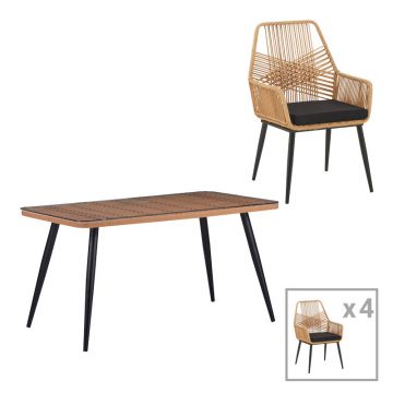 Set de dining Naoki-Tanish 5 bucati din ratan de sticla PE, Natural cu picioare negre 140x80x78 cm
