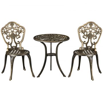 Set de Exterior 3 Piese din Aluminiu cu 2 Scaune de Gradina si Masa Rotunda cu Orificiu pentru Umbrela, Bronz