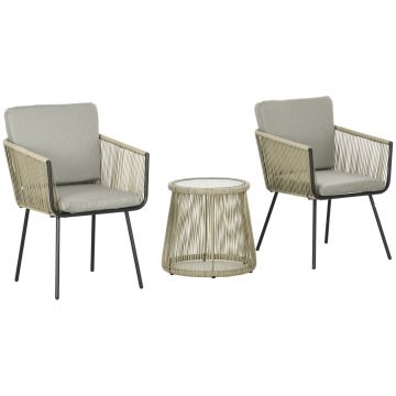 Set de Exterior cu Masuta din Sticla si 2 Scaune de Gradina din Ratan Stil Boho, Cafea