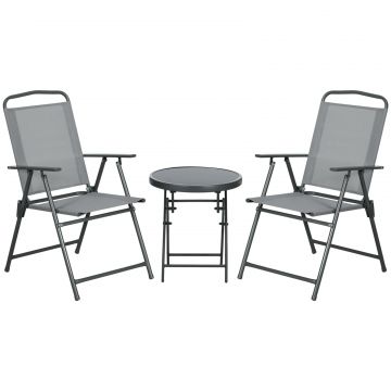 Set de Exterior din 3 Piese cu Masa cu Blat din Sticla si 2 Scaune Pliabile din Plasa, Ф45x50 cm, Gri Deschis