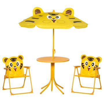 Set de Exterior pentru Copii, 4 Piese cu 2 Scaune Pliabile, Umbrela de Gradina si Masa Rotunda, Set din Otel si tesatura Oxford Galben