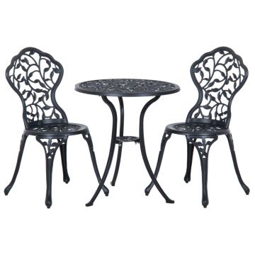 Set de Gradina 3 Piese cu 2 Scaune de Exterior si Masa Rotunda din Aluminiu, Negru