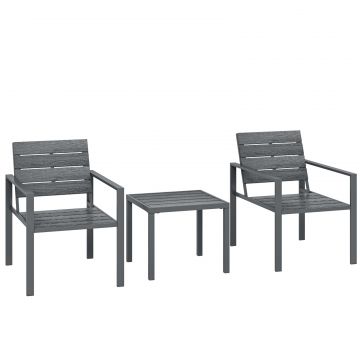 Set de Gradina 3 piese cu 2 Scaune de Exterior si Masuta de Cafea, din HDPE si Metal, Gri inchis
