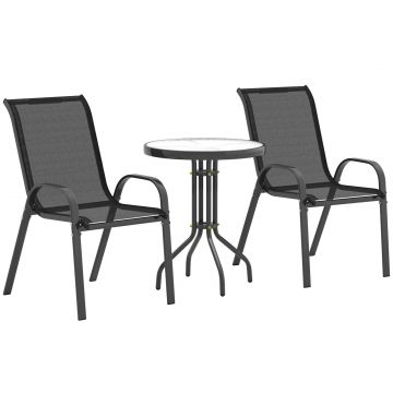 Set de Gradina 3 Piese cu 2 Scaune de Gradina 54x71x93 cm si Masuta Rotunda O60x71 cm din Otel Negru