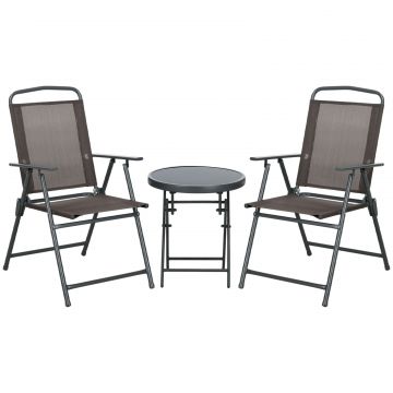 Set de Gradina 3 Piese cu 2 Scaune Pliabile si Masa Rotunda, Set Mobilier de Exterior din Metal si Sticla, Maro