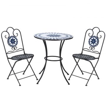 Set de Gradina 3 Piese cu 2 Scaune Pliante si 1 Masuta de Gradina, din Metal si Piatra