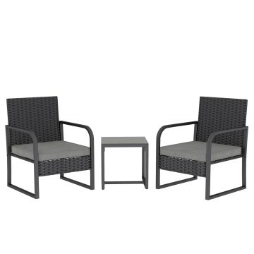Set de Gradina 3 Piese din Rattan PE si Otel, Set cu 2 Fotolii si Perne Lavabile, Masa de Cafea cu Blat din Sticla, Mobilier de Balcon pentru Terasa