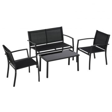 Set de Gradina 4 bucati cu Masuta de cafea, 2 Scaune si o Panca in Metal, Negru