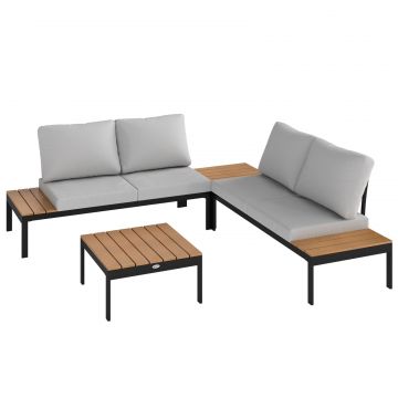 Set de Gradina 4 Piese cu 2 Canapele pentru 2 Persoane si 2 Mese din Metal si Lemn Compus, Gri-Negru si Teak