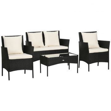 Set de Gradina 4 Piese din Ratan cu 2 Scaune, Fotoliu de Gradina cu 2 Locuri si Masuta Joasa de Cafea, Negru si Crem