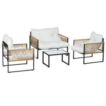 Set de Gradina 4 Piese din Ratan cu Canapea, 2 Scaune si Masuta de Cafea, Negru, Maro si Crem