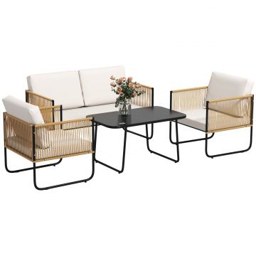 Set de Gradina 4 Piese din Ratan si Otel cu Canapea, 2 Fotolii de Exterior si Masuta Joasa, Multicolor