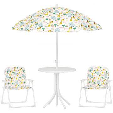 Set de Gradina 4 Piese pentru Copii cu Model Girafa si Elefant, Masa Rotunda, 2 Scaune Pliabile si o Umbrela, Set Masa cu Scaune pentru Copii 2-5 Ani,