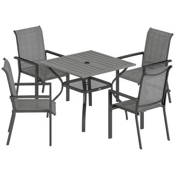 Set de Gradina 5 piese din Otel cu 4 Scaune Stivuibile si Masa cu Orificiu Central si Raft Inferior, Gri
