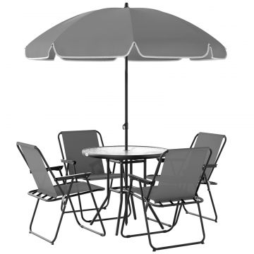 Set de Gradina 6 Piese din Otel cu 4 Scaune Pliabile, Umbrela si Masa Rotunda, Gri si Negru