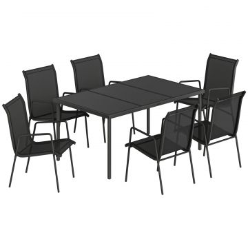 Set de Gradina 7 piese din Otel cu 6 Scaune Stivuibile din Textilena si Masa de Cafea cu Blat din Sticla, Negru