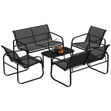 Set de Gradina cu 2 Canapele cu 2 Locuri, 2 Fotolii si o Masuta de Cafea cu Blat din Sticla, Negru