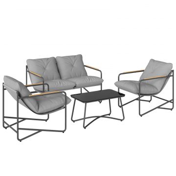 Set de Gradina cu Canapea, 2 Fotolii si Masuta cu Blat din Sticla, Mobilier de Exterior cu Perne Groase, Gri Deschis