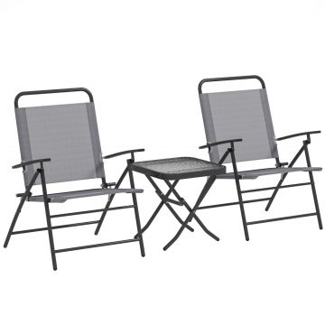 Set de Gradina cu Masa cu Blat din Sticla si 2 Scaune Pliabile cu Spatar Reglabil, Gri