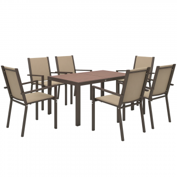 Set de Gradina din 7 Piese cu Masa din Plastic-Lemn si 6 Fotolii Stivuibile cu sezut si Spatar, 150x90x73 cm, Maro