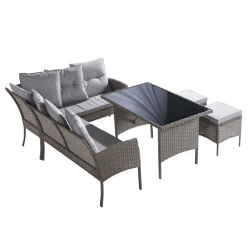 Set de Grădină din Poliratan, Canapea, Masă, Taburete și Perne Lavabile, Gri