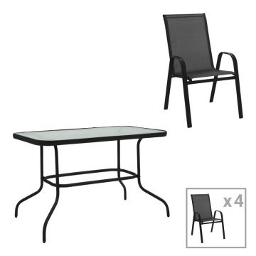 Set de masă cu scaune Valor-Calan, Metal/ Sticlă/ Textilenă, Negru, 110x60x70 cm