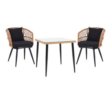 Set de Masa de dining Naoki 3 piese metal negru-pe stejar Natural-sticla, 80x80x78 cm