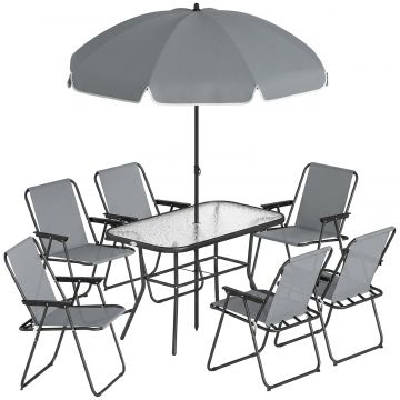 Set de Masa de Gradina 8 Piese cu Umbrela, Set Mobilier Gradina cu 6 Scaune Pliabile, Masa din Sticla Temperata si Umbrela pentru Terasa, Gri