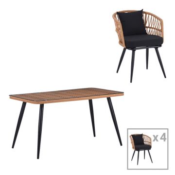 Set de Masa Naoki 5 piese din sticla-PE rattan Natural cu picioare negre 140x80x78 cm