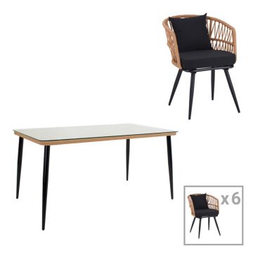 Set de Masa Naoki 7 bucati metal negru-pe Natural-sticla, 160x90x78 cm