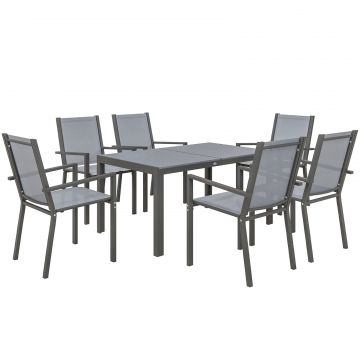 Set de Mobilier de Gradina cu 7 Piese, Masa si 6 Scaune Stivuibile, Mobilier din Otel Textilen, Gri Deschis