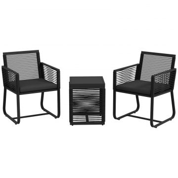 Set de Mobilier de Gradina din 3 Piese din Ratan, Set cu Masa din Sticla Securizata si Perne Moi, 53x57x77 cm, Negru