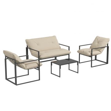 Set de Mobilier de Gradina din 4 Piese cu Canapea, 2 Fotolii si Masuta, din Otel, Poliester si Bumbac PP, Bej si Gri