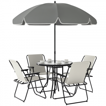 Set de Mobilier de Gradina din 6 Piese cu Umbrela de Soare, Masa si Scaune Pliante, Ф80x70 cm, Alb Crem