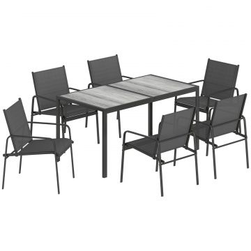 Set de Pranz pentru Exterior, 7 Piese pentru 6 Persoane, Masa cu Efect de Lemn si Scaune cu sezut Respirabil, Set Mobilier de Gradina cu Cadru din